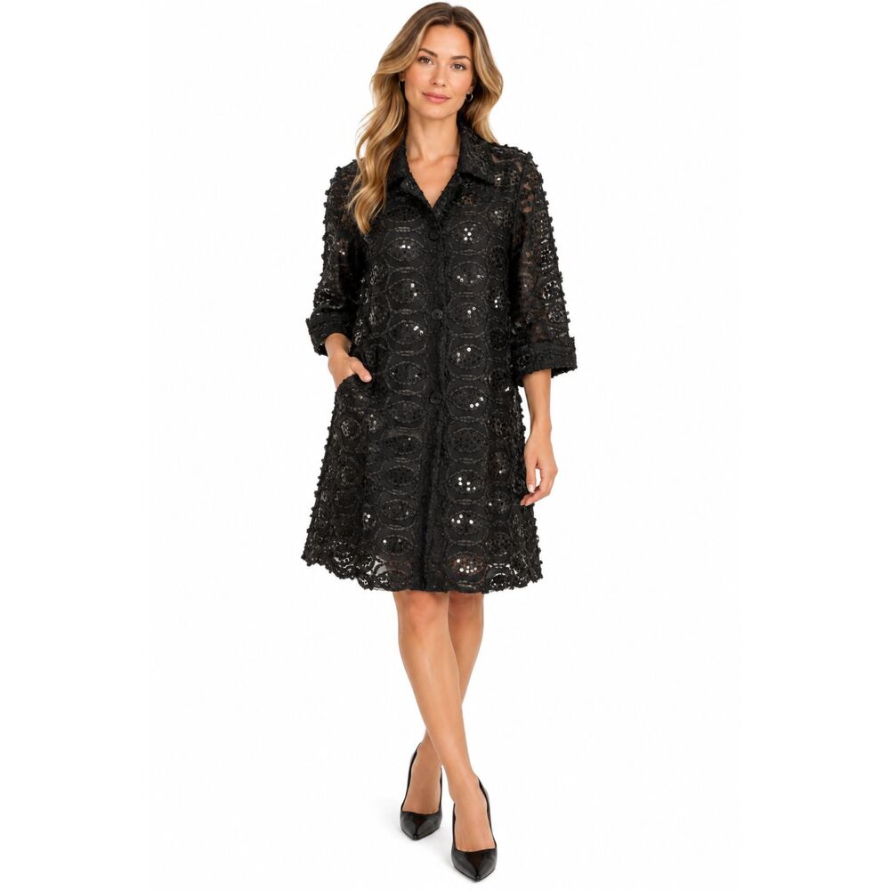 Damee Inc Black Lace Sequin Longline Jacket Coat Large Art to Wear